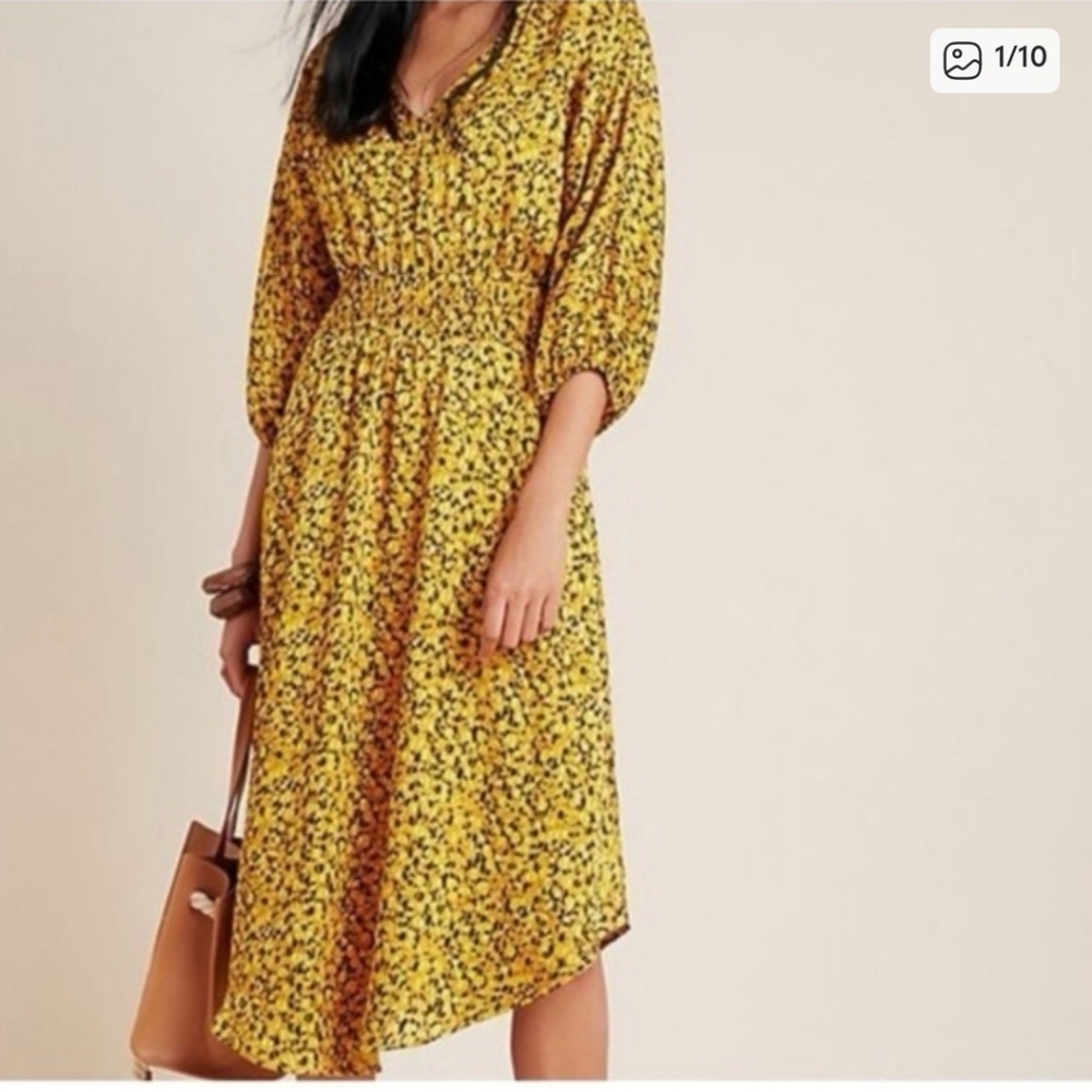 Anthropologie yellow satin printed long sleeve midi dress size XSP (XS petite)